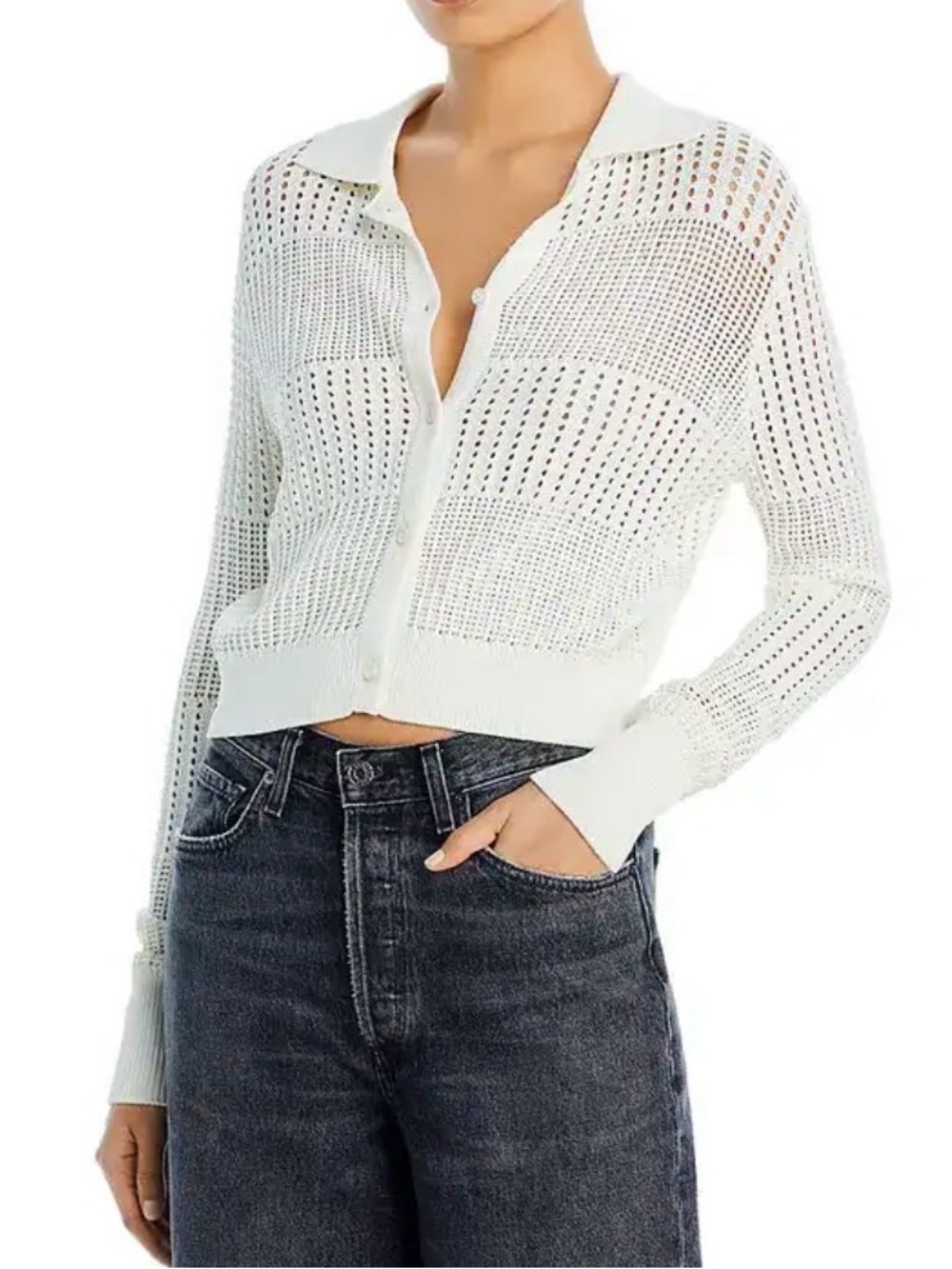 FRAME Shrunken Crochet Cardigan Ivory Collared Long Sleeves Sz XS NWOT